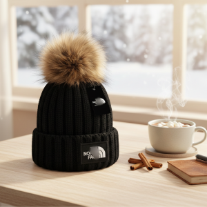 The North Face Black Knit Fur Pom Beanie Hat
