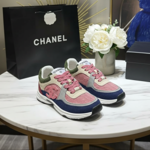 Chanel Pink Blue Herringbone Logo Sneakers