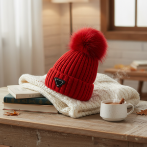 HatsPrada Red Knit Pom Pom Winter Hat