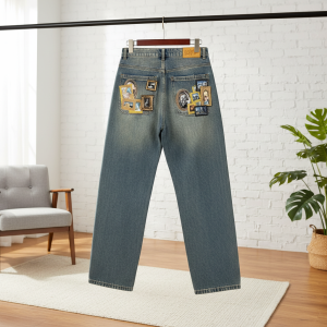 PantsDerschutze Vintage Patchwork Straight Denim Jeans