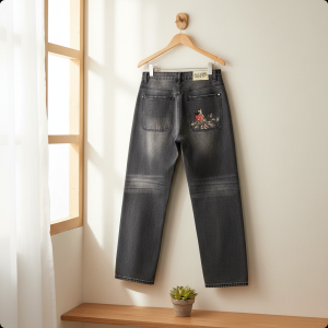 PantsDerschutze Vintage Black Jeans Dragon Embroidery Denim