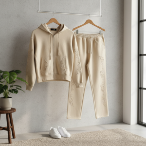 Derschutze Beige Embroidered Hoodie Sweatpants Set