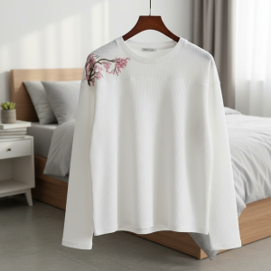 ShirtsDerschutze White Long Sleeve Embroidered Blossom Top