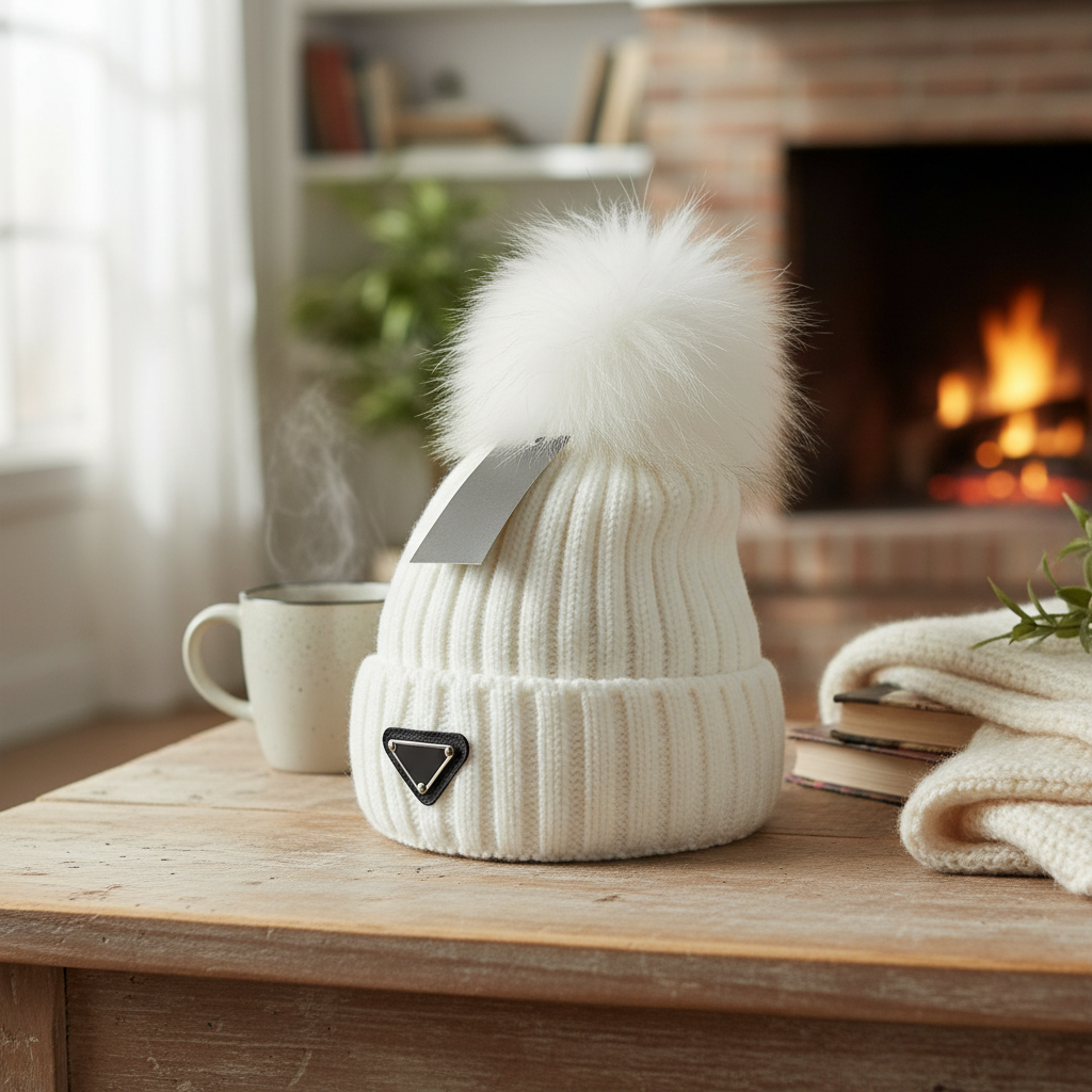 HatsPrada White Knit Fur Pom Beanie Hat