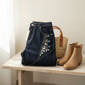 PantsDerschutze Floral Embroidered High Waist Jeans