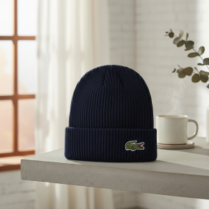 Lacoste Ribbed Knit Navy Winter Beanie Hat