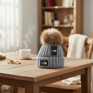 The North Face Gray Knit Fur Pom Beanie Hat