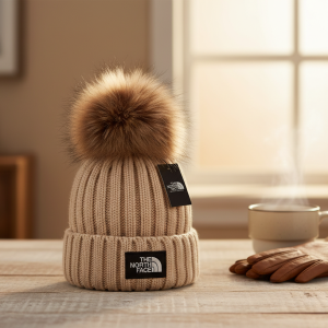 The North Face Beige Knit Pom Pom Hat