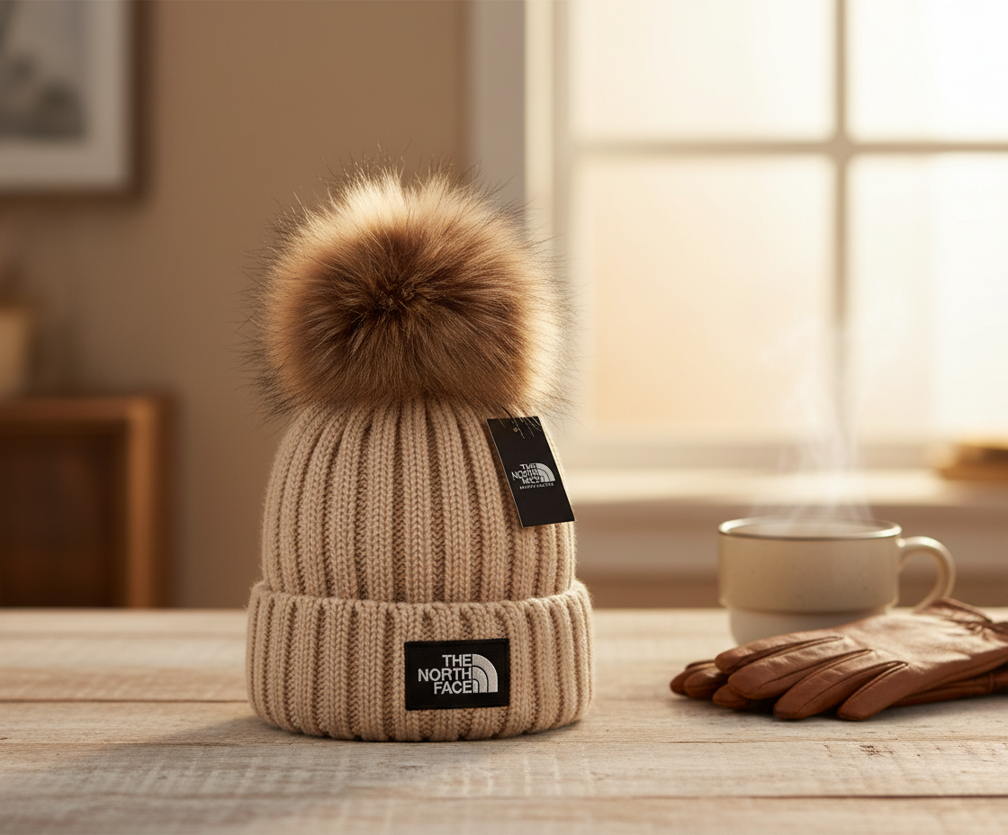 The North Face Beige Knit Pom Pom Hat