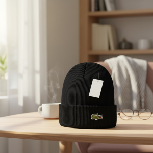 Lacoste Black Ribbed Knit Winter Beanie Hat