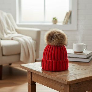 The North Face Red Knit Fur Pom Hat