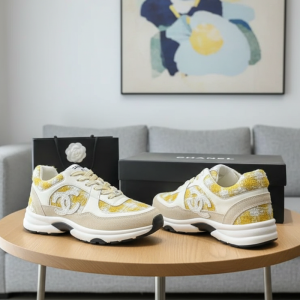 Chanel White Yellow Woven Leather Sneakers