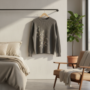 Derschutze Gray Knit Sweater Floral Embroidery Pullover