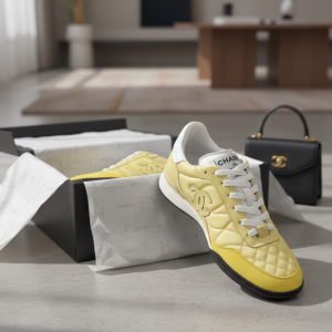 Chanel Yellow Leather Suede Sneakers Double C Logo