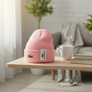 Lacoste Pink Ribbed Knit Beanie Hat