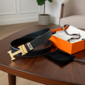 Luxury Black Leather Belt Gold H Buckle