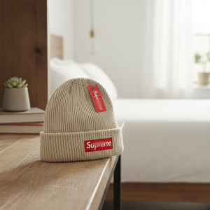 Beige Ribbed Knit Beanie Winter Warm Street Hat