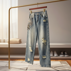 PantsDerschutze Vintage Distressed Embroidered Denim Jeans