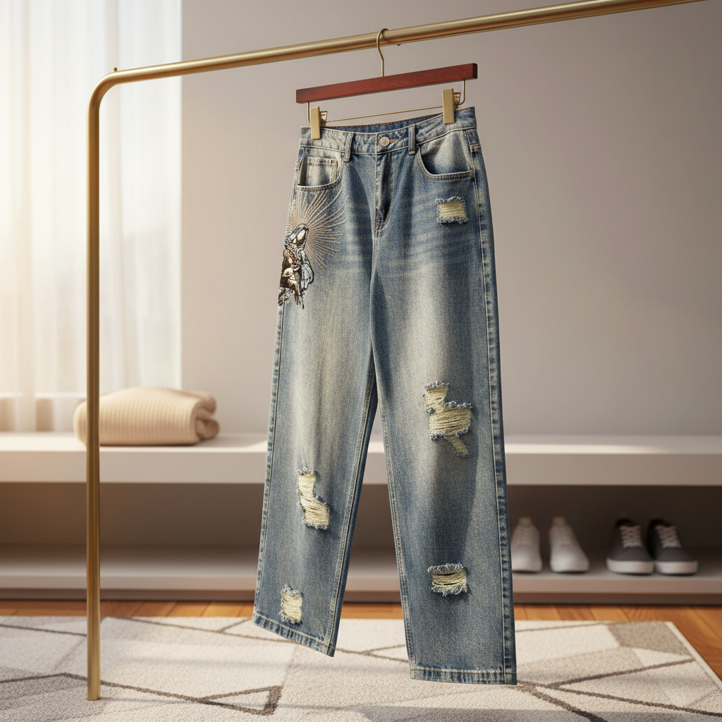 PantsDerschutze Vintage Distressed Embroidered Denim Jeans