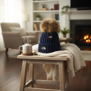 The North Face Navy Fur Pom Knit Hat