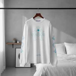 Chrome Hearts Blue Cross Print White Long Sleeve T-Shirt