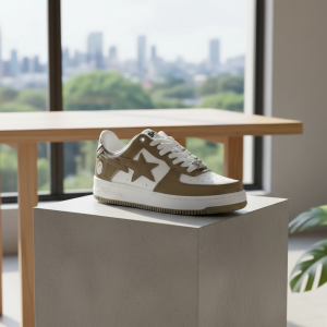 BAPE STA Khaki White Leather Star Sneakers