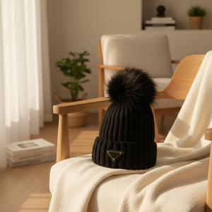 HatsPrada Knit Beanie Black Fur Pom Pom Hat