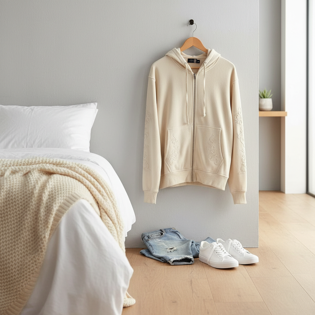 HoodiesDerschutze Beige Zip Up Embroidered Hoodie