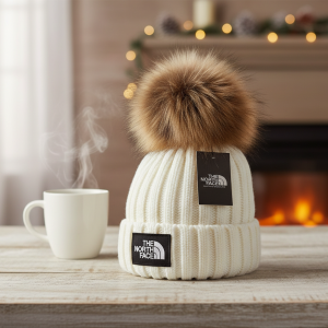 The North Face White Knit Fur Pom Beanie Hat