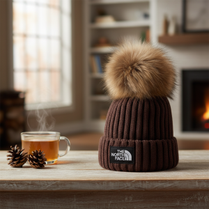 The North Face Brown Fur Pom Beanie Hat