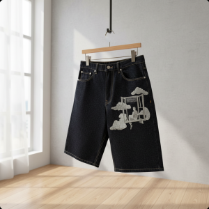 PantsDerschutze Men’s Denim Shorts Cloud Embroidery Jeans