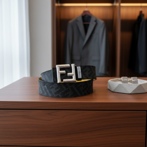 Fendi Designer Silver Buckle Black Leather Belt