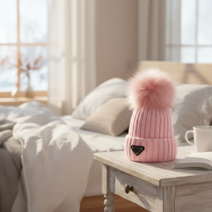 HatsPrada Pink Knit Beanie with Fur Pom Pom