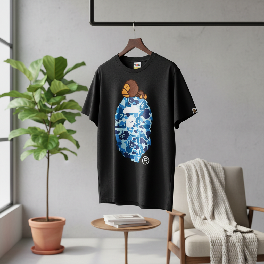 A Bathing Ape Black Blue Camo Ape Head T-Shirt