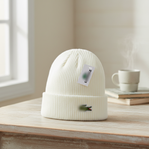 Lacoste Ribbed Knit White Beanie Hat