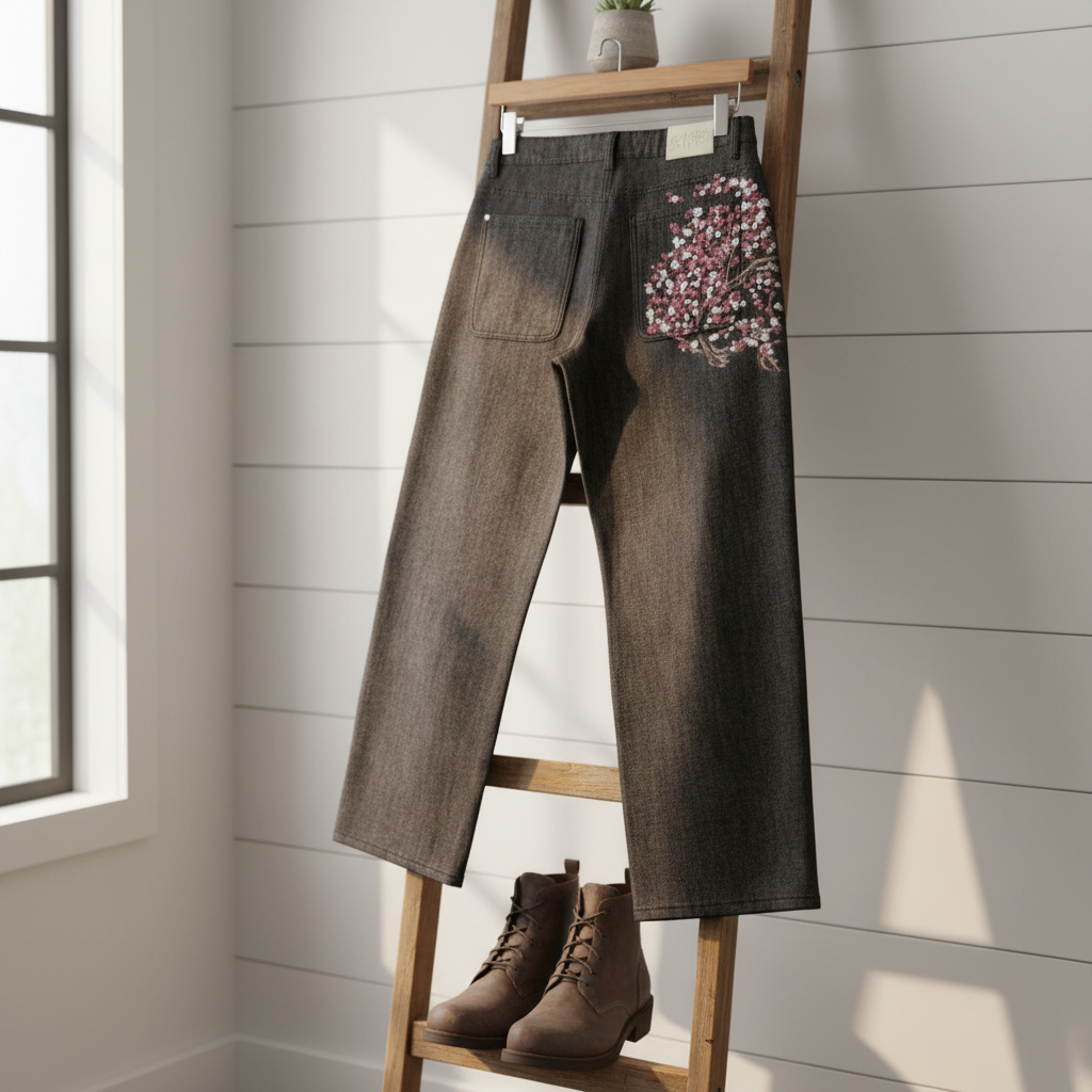 PantsDerschutze Black Denim Jeans Cherry Blossom Embroidery