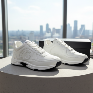 Chanel White Leather Double C Logo Sneakers