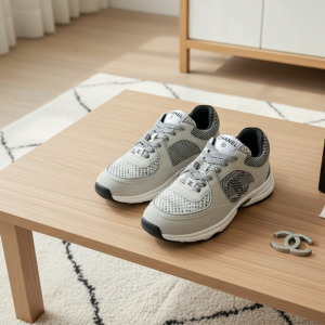 Chanel Grey White Mesh Leather Sneakers Unisex