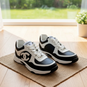 Chanel Black White Leather Low Top Sneakers