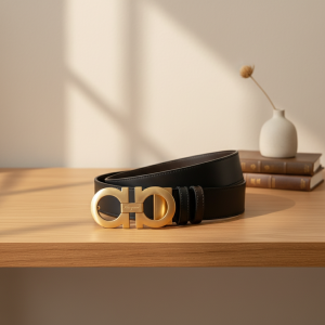 Ferragamo Classic Gold Buckle Black Leather Belt