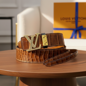 Louis Vuitton Men Gold Buckle Brown Leather Belt