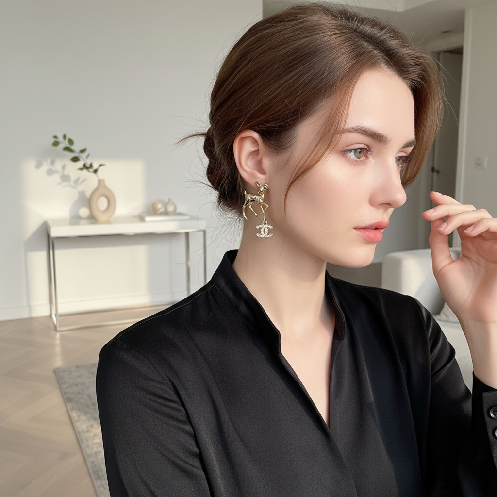 Chanel Deer Design Crystal Drop Earrings