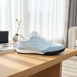 Chanel Light Blue Leather Suede CC Sneakers