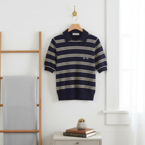Miu Miu Striped Knit Polo Shirt Navy Yellow